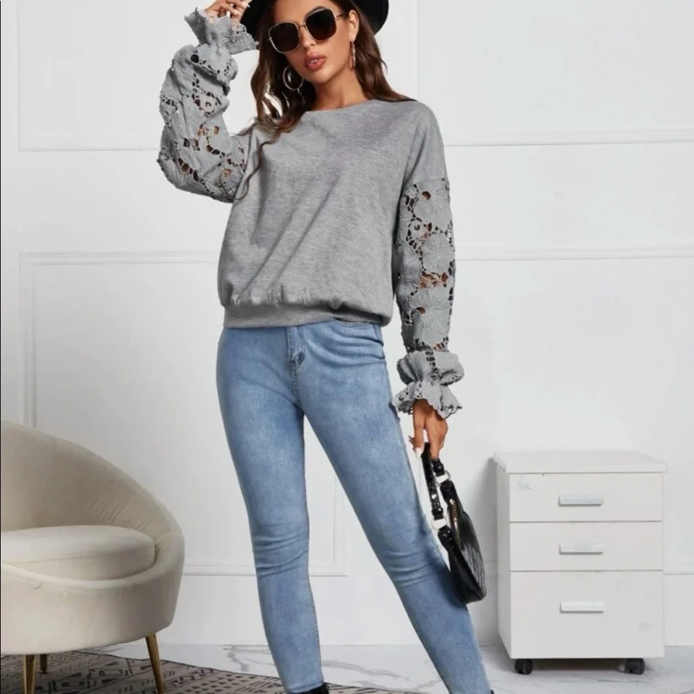 Boho Floral Sheer Lace Long Sleeve Drop Shoulder Top Blouse - Picture 4 of 5